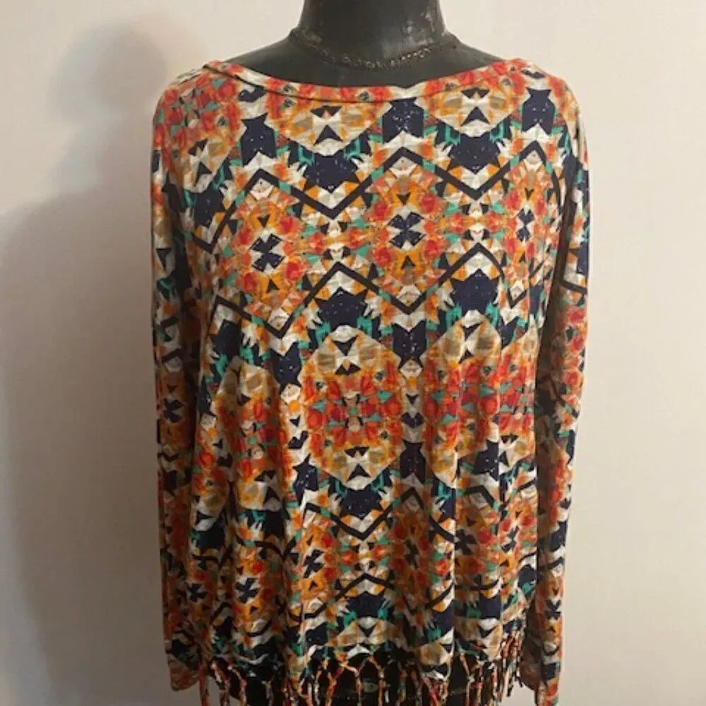 New Directions Multi-color Aztec print boat neck with fringes top, size 2X